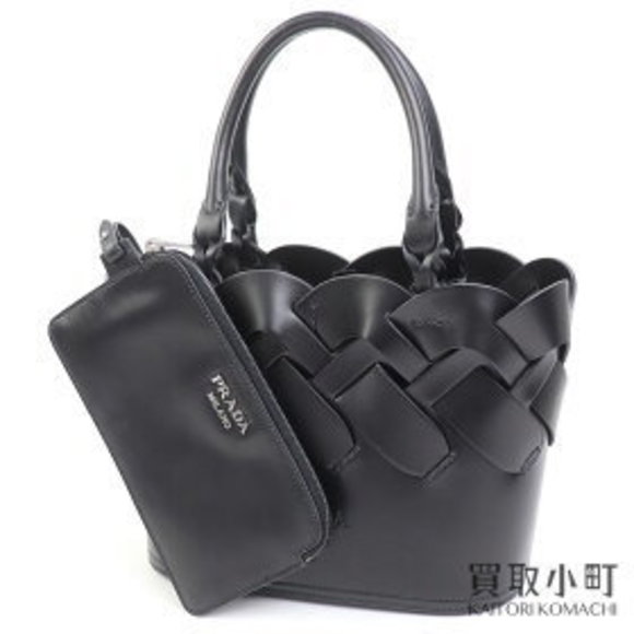 Prada Leather Tote Bag Black Handbag V INTECCIO - Picture 1 of 9
